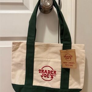 Trader Joe's Green and Cream Mini Canvas Tote Bag